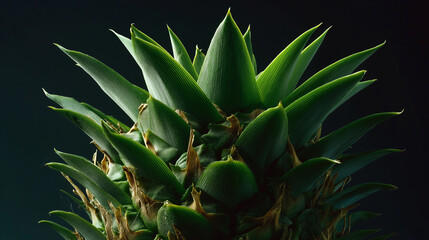 Fototapeta premium Close-up shot of the top crown of a pineapple, showing sharp textured leaves, tropical green tones, dramatic directional light