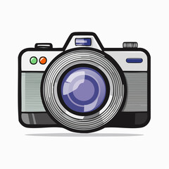 Cartoon illustration of a vintage digital camera with a large lens and colorful buttons on a white background