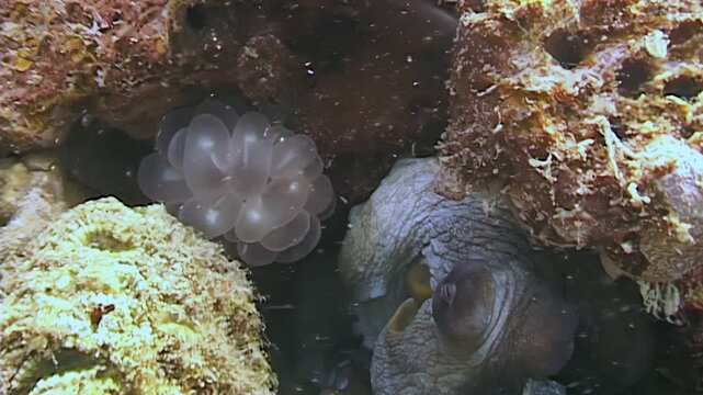 An octopus rests in a rocky crevice, closely guarding her clutch of translucent eggs. She remains vigilant in the waters of Indonesia, ensuring their safety during incubation.