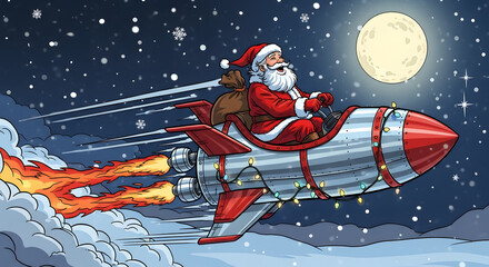 Santa claus riding a retro rocket ship through a snowy night sky