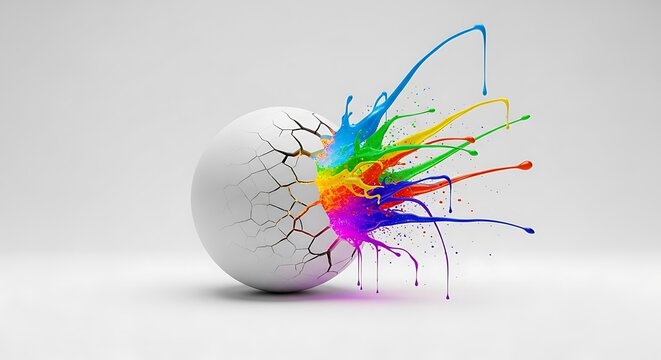 Cracked egg explodes with vibrant rainbow paint a creative concept symbolizing transformation and ne
