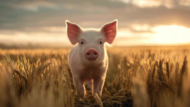 Cute piglet in golden wheat field at sunset with dreamy lighting