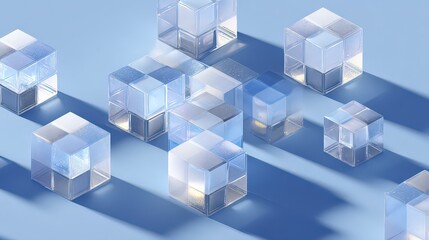 Abstract Composition of Geometric Cubes in Shades of Blue and White on a Light Blue Surface