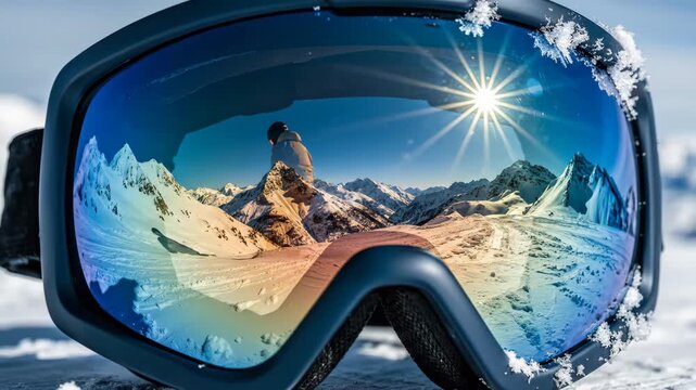 Vibrant Winter Mountain Landscape Reflected in Ski Goggles with Skier in Action under Bright Sunlight and Clear Blue Sky Capturing the Essence of a Perfect Snowy Day in the Alps: reflection