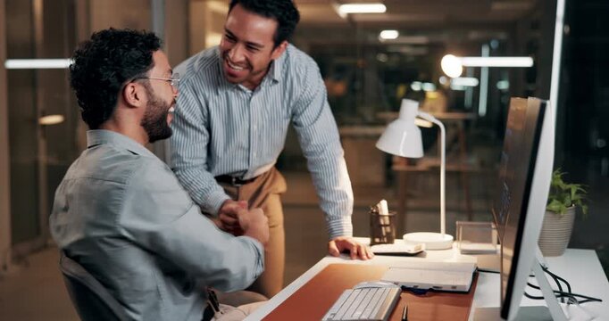 Trading, night or people with handshake in office, computer screen or celebration for investment profit. Stock market, shaking hands or investor team with fintech for growth, late or success for dab