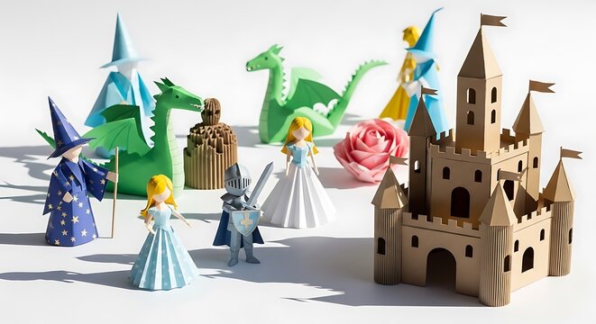 Handmade fairytale characters and castle paper craft fantasy figures isolated on white background