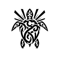 Tribal Turtle Logo With Sunburst Inspired Shell, Thick Black Ink Lines