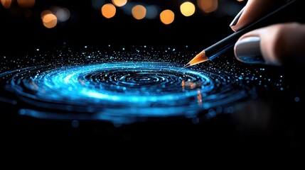 A hand uses a stylus to create a swirling vortex of bright blue light particles against a dark background with blurred orange bokeh lights.