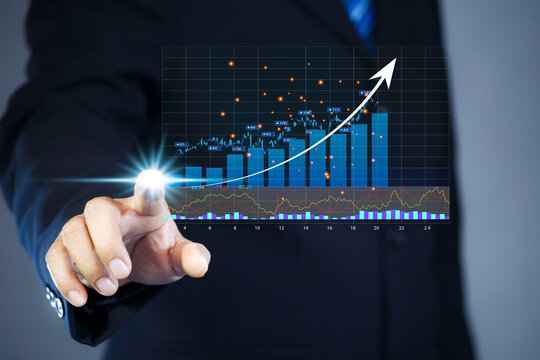 Hand pointing to rising financial chart with upward arrow, showing investment growth, stock market analytics, business finance and economic success concept