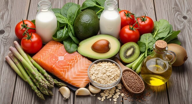 Healthy eating fresh produce salmon and grains on rustic wood surface