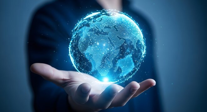 Digital globe hovering above hand technology innovation and global connectivity
