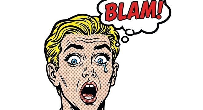 Blonde woman crying with speech bubble pop art comic book style illustration isolated on white