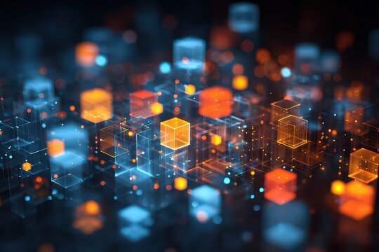 Abstract Geometric Cubes in Orange and Blue with Bokeh Effect in Dark Background