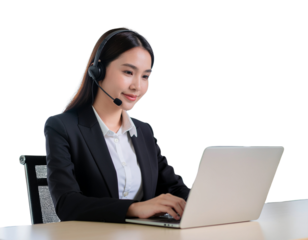 Woman working remotely on a laptop while wearing noise-canceling office headset, isolated on a transparent background, PNG