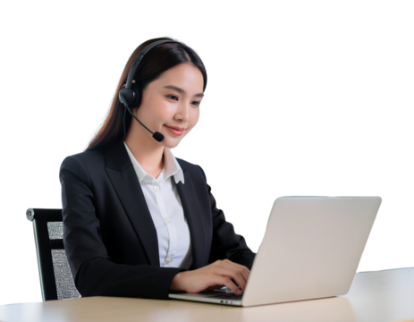 Woman working remotely on a laptop while wearing noise-canceling office headset, isolated on a transparent background, PNG