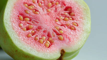 Macro cross-section of a guava showing pale green skin, pink flesh, and clustered seeds, tropical light