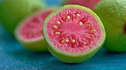Macro cross-section of a guava showing pale green skin, pink flesh, and clustered seeds, tropical light