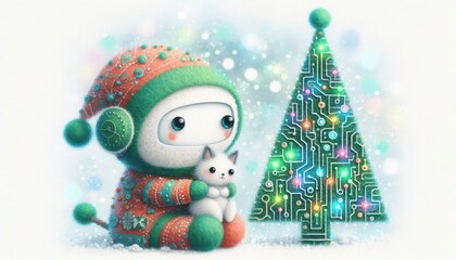 Robot wearing a Santa outfit playing with a cat beside a glowing circuit Christmas tree on a green background, blending technology with festive charm. Ideal for digital greeting cards, sci-fi holiday 
