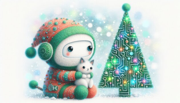 Robot wearing a Santa outfit playing with a cat beside a glowing circuit Christmas tree on a green background, blending technology with festive charm. Ideal for digital greeting cards, sci-fi holiday 