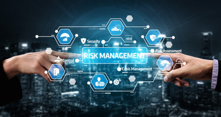 Two hands connect to visual icons representing risk management, highlighting security, control, and analysis in a modern corporate environment with a city backdrop. Tessel