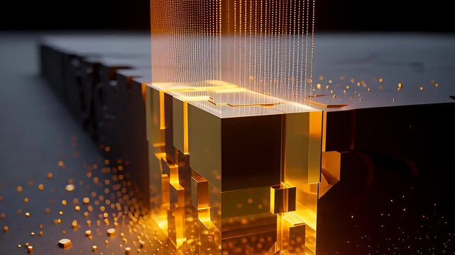 Futuristic blue laser beam scanning a dark cracked surface to extract glowing golden data blocks in a cinematic 3D animation, illustrating cryptocurrency mining and digital processing concepts. - Powered by Adobe
