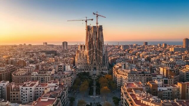 Aerial panoramic view of the Barcelona cityscape with the Sagrada Familia basilica under construction during a golden sunrise.