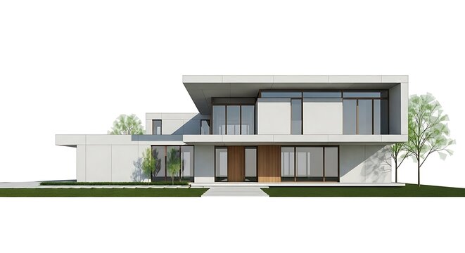 Modern minimalist house exterior architectural design with clean lines isolated on white background