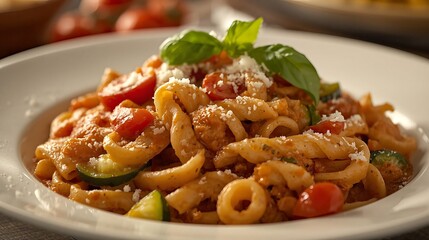 A vibrant plate of Italian pasta with fresh cherry tomatoes, zucchini, basil, and grated cheese, served in a restaurant setting.