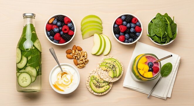 Healthy breakfast or snack flat lay with infused water, mixed berries, spinach, apple, nuts, yogurt, avocado toast, and fruit smoothie on a light wooden background.