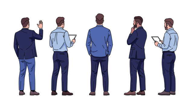 Vector Set of Five Businessmen Standing Back View. Corporate Male Characters Waving, Using Tablets, and Pondering.