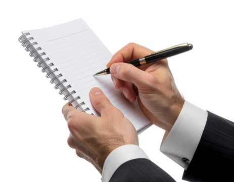 Office worker hands writing notes in a spiral notebook with premium pen, natural finger detail, isolated on a transparent background, PNG - Powered by Adobe