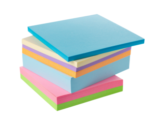 Ultra-realistic stack of sticky notes in multiple colors arranged neatly, isolated on a transparent background, PNG