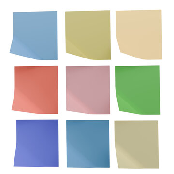Grid layout of colorful square sticky notes with curled corners isolated on white background, Nine multi colored blank paper reminder memo sheets for office and student tasks