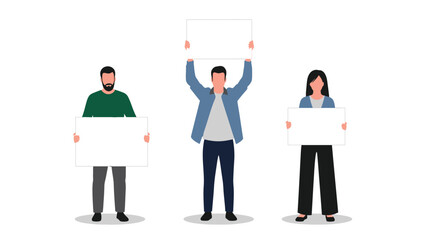 Group of Three Diverse People Holding Blank White Signs and Placards Vector Illustration
