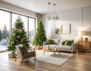Fototapeta premium Cozy Living Room Decorated for Christmas with Two Trees and Snowy Outdoor View