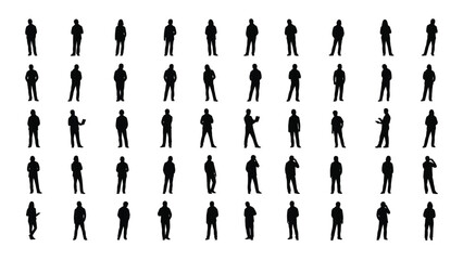 Large Collection of People Silhouettes Vector Illustration Set. Diverse Crowd Standing Figures for Architectural Plans, Graphics, and Design Elements.