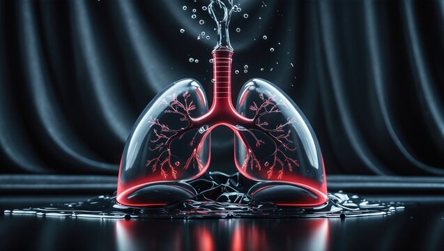 Visual representation of lungs made of glass with liquid flowing and dramatic lighting