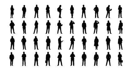 Set of 40 Standing People Silhouettes. Diverse collection of men and women figures in various poses, including using phones and laptops. Vector illustration for design projects.