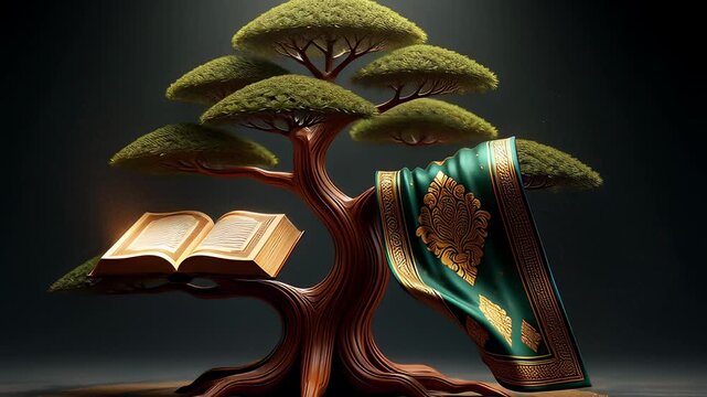 Mystical bonsai tree holding a glowing open book and draped green fabric with gold embroidery in a cinematic 3D animation, illustrating knowledge and fantasy concepts.