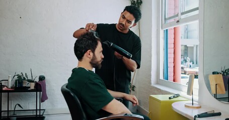 Man, barber and hairdryer with grooming, client and services for hygiene, trim and brush at shop. People, appliance and equipment for hairdresser, treatment or appointment for transformation at salon