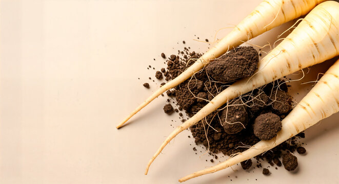 Organic parsnip harvest — flat arrangement of root vegetables with earth traces on neutral beige - Powered by Adobe