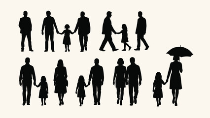Architectural People Silhouettes Set: Men, Women, and Children Walking and Standing Vector Illustration