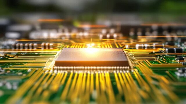 Technological Symphony: Close-up of a high-tech central processing unit, radiating light with a network of circuits and connections, symbolizing innovation and technological advancement.