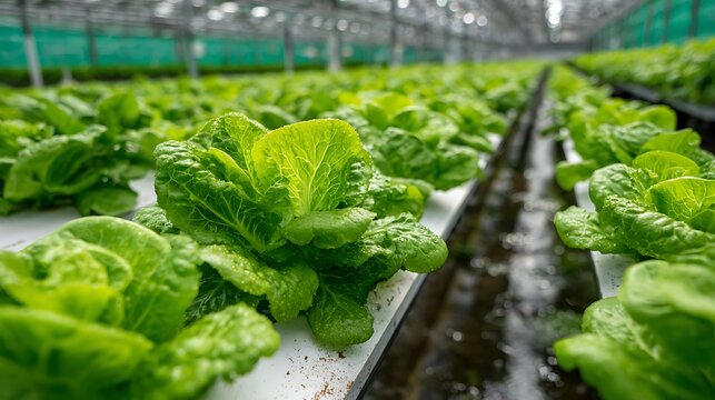 Closeup of vibrant green romaine lettuce growing hydroponically in a greenhouse, showcasing sustainable agriculture and fresh produce cultivation