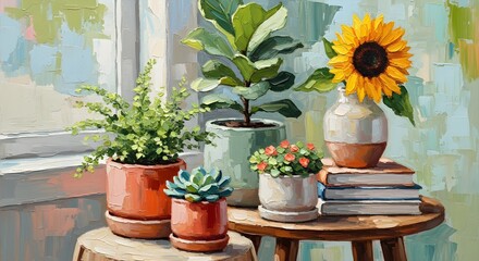 Cozy Indoor Plant Decor Painting Near Window