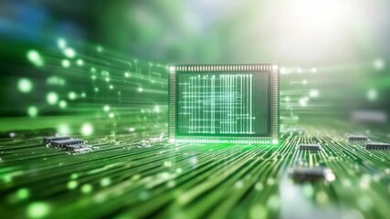 Digital Processing: A captivating visual that evokes the intricate dance of information within a computer processor, using vibrant green and mesmerizing light trails to symbolize data flow. - Powered by Adobe