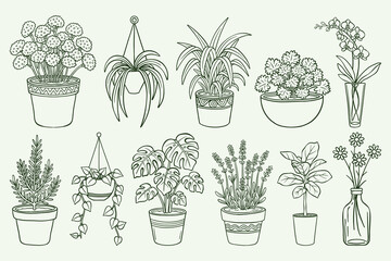Potted Plant Line Art Set, Indoor Houseplants Outline Illustrations
