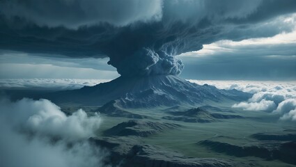 Majestic volcanic eruption with dark storm clouds creating a dramatic sky above lush green landscape