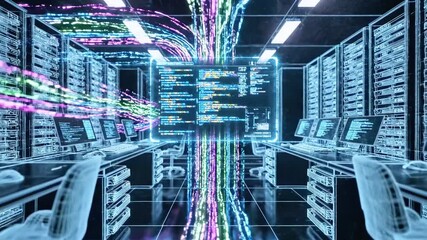 Futuristic data center with computers, server racks, and vibrant digital data streams - Powered by Adobe