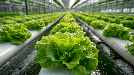Rows of vibrant green lettuce growing hydroponically in a greenhouse, showcasing sustainable agriculture and the cultivation of fresh produce